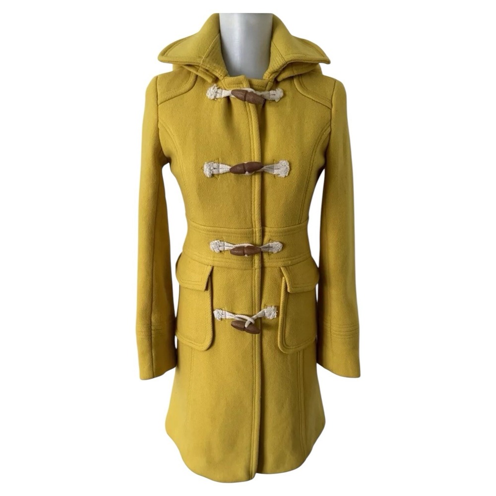 VTG J Crew Wool Blend Toggle Coat Lined Hooded Womens Size 0 Yellow